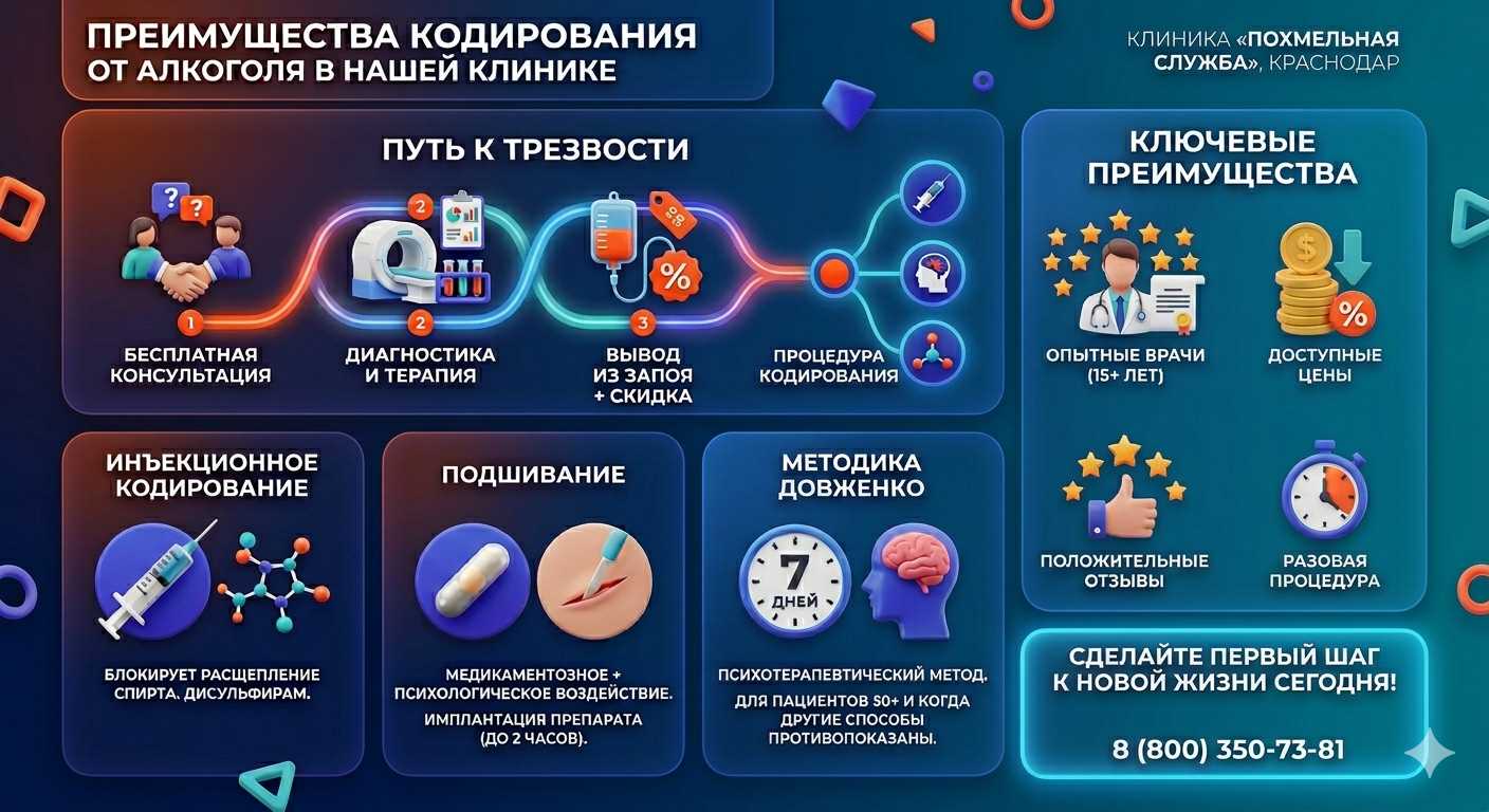 Инфографика о методах кодирования от алкоголя в Кяхте: инъекции, подшивание, метод Довженко. Преимущества клиники и этапы лечения.