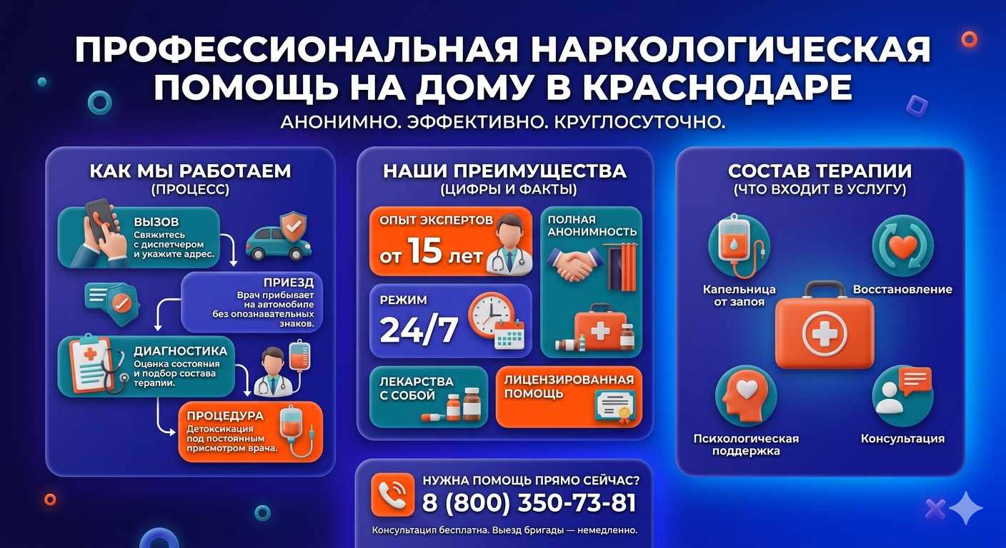 Инфографика о принципах лечения алкоголизма на дому в Кяхте: этапы вызова нарколога, преимущества анонимной детоксикации и состав медицинской помощи.
